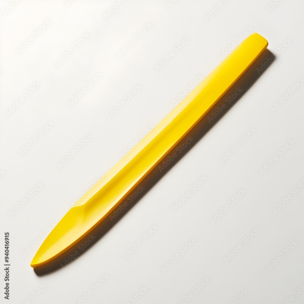 Closeup of a sleek yellow letter opener lying flat at the center of a light and minimalist surface showcasing its simplistic and functional design Closeup of a sleek yellow letter opener lying flat at the center of a light and minimalist surface showcasing its simplistic and functional design