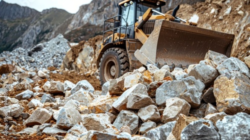 Bulldozer clears rocks, construction site preparation. photo