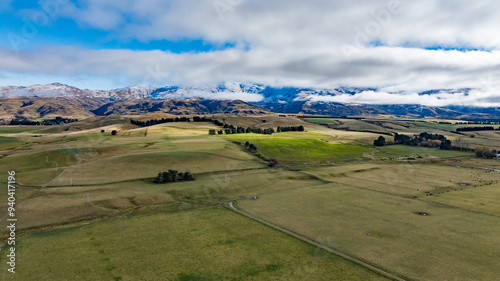 Drone scenery of the agricultural farmland in rural Saint Bathans loop road in central Otago