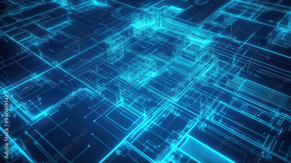 High-tech construction site with glowing blueprints High-tech construction site with glowing blueprints
