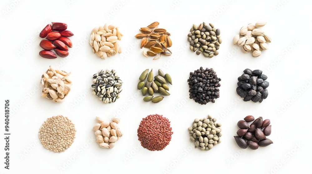 63. A collection of exotic seeds placed on a plain white surface 63. A collection of exotic seeds placed on a plain white surface