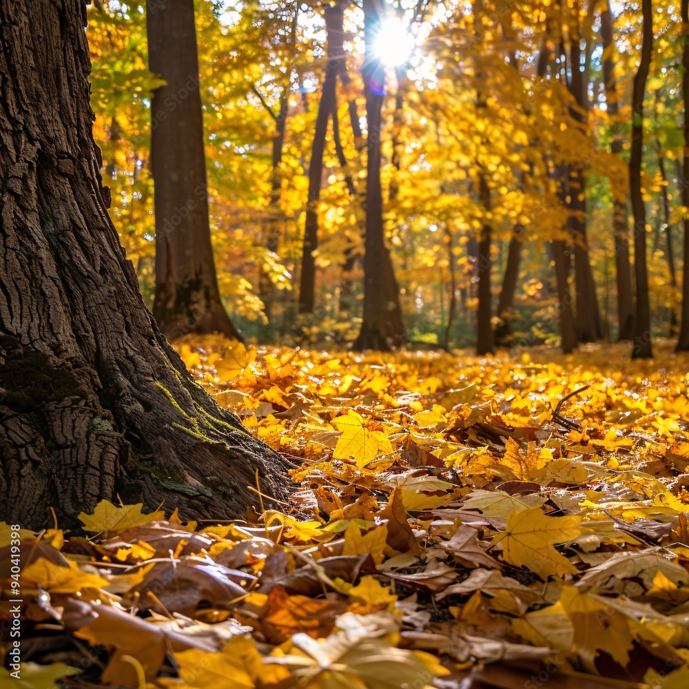 3. Fallen maple leaves covering ground, vibrant yellow foliage, tree trunk in foreground, soft focus background, warm autumn colors, golden sunlight filtering through trees, autumn forest scene, 3. Fallen maple leaves covering ground, vibrant yellow foliage, tree trunk in foreground, soft focus background, warm autumn colors, golden sunlight filtering through trees, autumn forest scene,