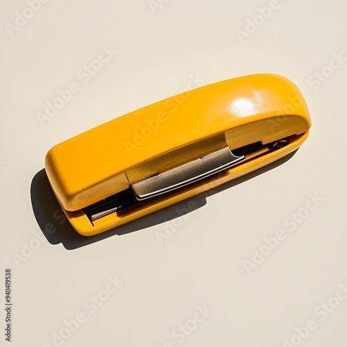 A photograph showcasing a yellow stapler remover placed at the center of a light minimalist surface The image highlights the simple functional design of the office supply in a clean