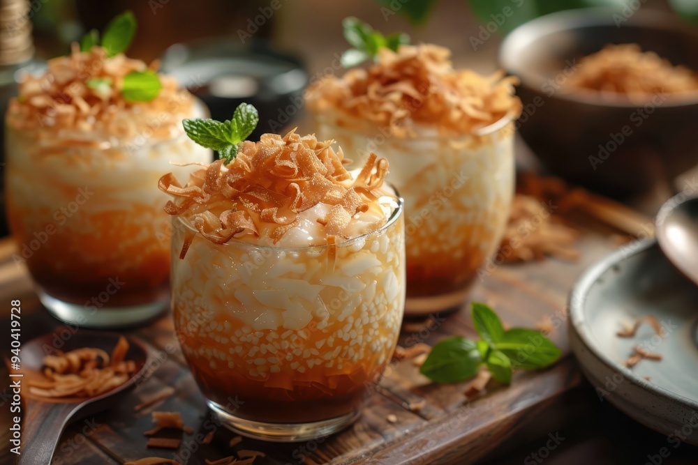 Sweet Coconut Dessert with Caramel Sauce and Crispy Coconut Flakes Sweet Coconut Dessert with Caramel Sauce and Crispy Coconut Flakes