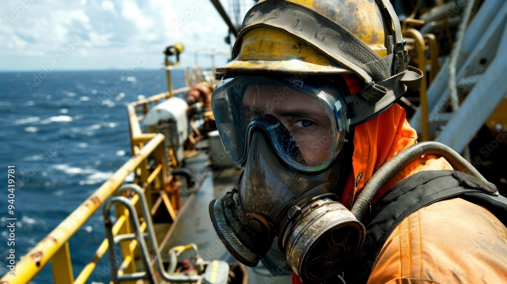 Man in gas mask inspects offshore petroleum equipment. Man in gas mask inspects offshore petroleum equipment.