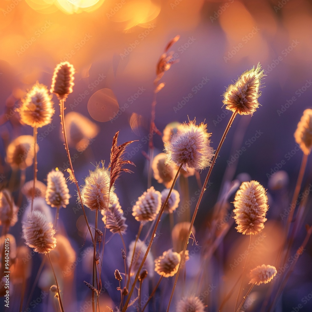 Obraz premium 1.Soft focus macro shot of wildflowers and grass, golden hour lighting, warm orange glow, backlit plants, fluffy seedheads, delicate stems, purple hues in background, dreamy atmosphere, shallow depth