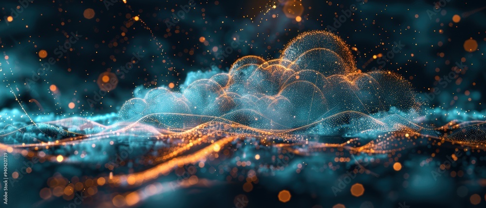 Futuristic Cloud Computing Network Hologram with Interconnected Nodes on Dark Background Futuristic Cloud Computing Network Hologram with Interconnected Nodes on Dark Background