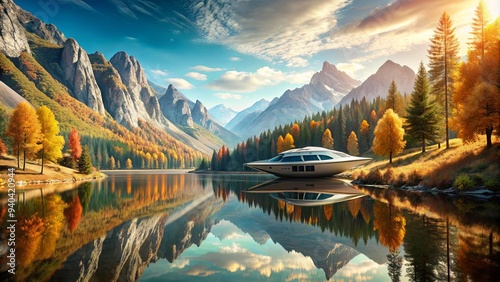 Futuristic spaceship integrated into serene mountain landscape with autumn trees and reflective lake, spacecraft, technology photo