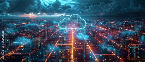 Futuristic Cloud Computing Network in Hologram with Luminous Data Points