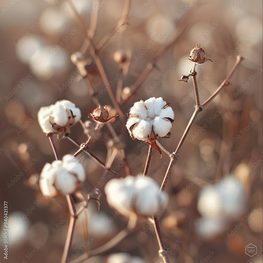 4.Detailed macro shot of cotton plants, fluffy white cotton bolls, brown stems and branches, soft focus background with muted earth tones, natural textures reflecting an agricultural field, organic 4.Detailed macro shot of cotton plants, fluffy white cotton bolls, brown stems and branches, soft focus background with muted earth tones, natural textures reflecting an agricultural field, organic