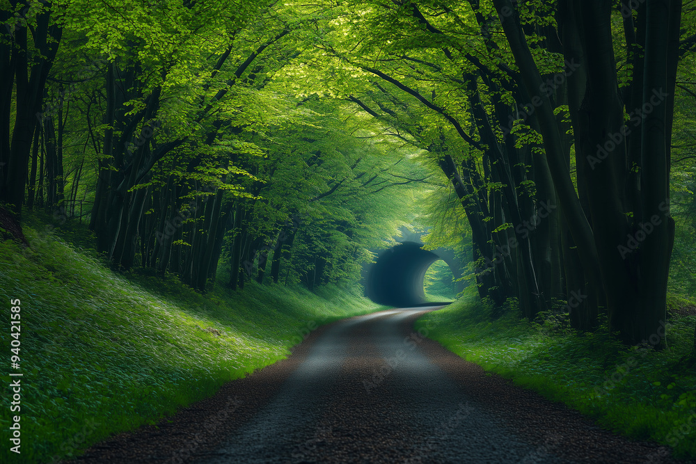 Obraz premium An isolated road in the woods heading to a tunnel