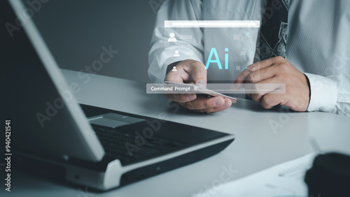 Navigating Digital Transformation. Businessman leverages AI technology to navigate through complex global networks, enhancing business strategies with digital intelligence, AI, Machine learning.