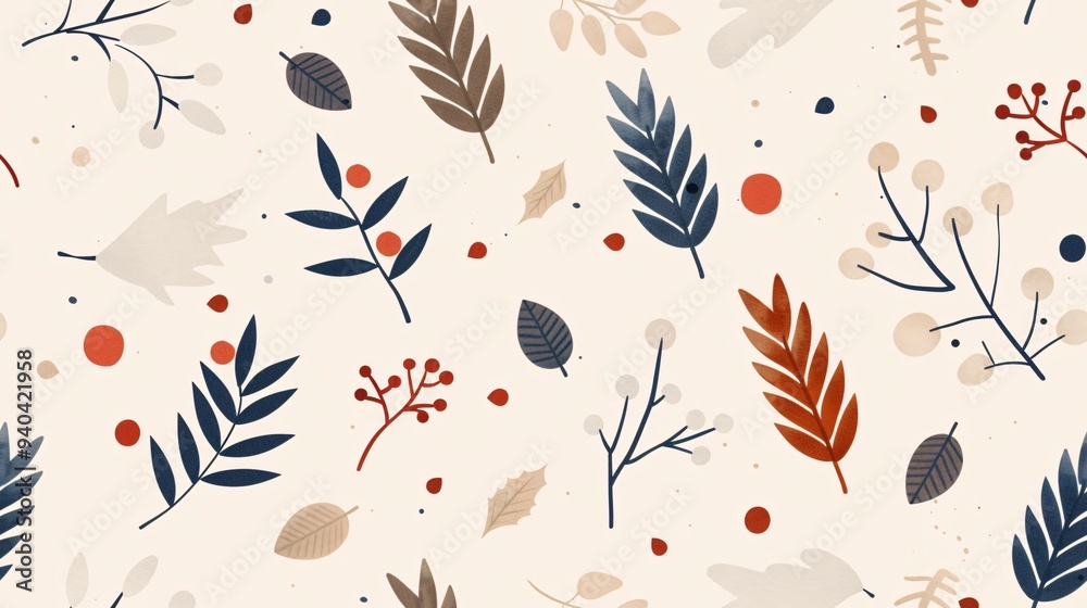 Autumn Floral Seamless Pattern: A delicate and enchanting pattern featuring a medley of autumnal leaves, berries, and branches, all intertwined in a harmonious composition. Autumn Floral Seamless Pattern: A delicate and enchanting pattern featuring a medley of autumnal leaves, berries, and branches, all intertwined in a harmonious composition.