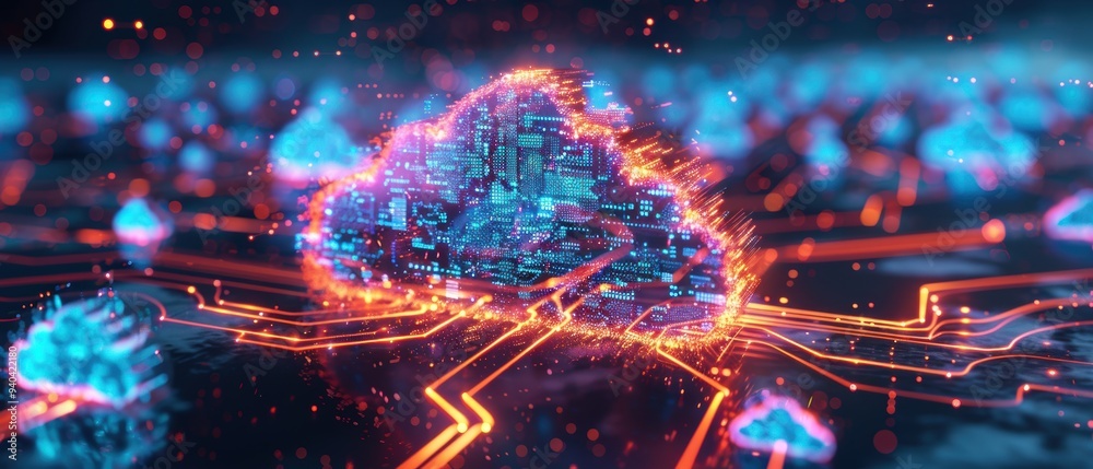 Futuristic Holographic Cloud Computing Network in with Glowing Data Pathways - Concept of Modern Technology and Connectivity Futuristic Holographic Cloud Computing Network in with Glowing Data Pathways - Concept of Modern Technology and Connectivity