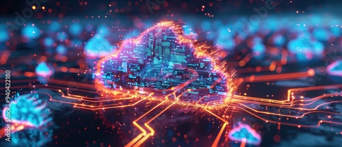 Futuristic Holographic Cloud Computing Network in with Glowing Data Pathways - Concept of Modern Technology and Connectivity