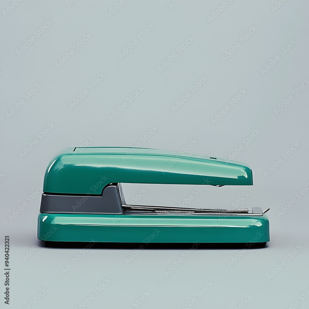 Minimalist Photograph of a Green Office Stapler Lying Flat and Isolated on a Plain and Neutral Background Minimalist Photograph of a Green Office Stapler Lying Flat and Isolated on a Plain and Neutral Background