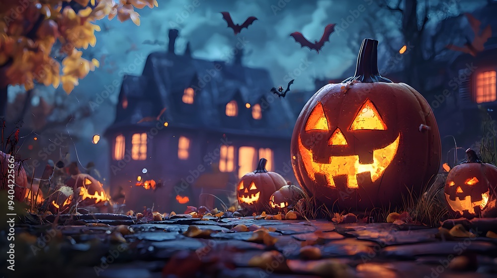 Fototapeta premium Spooky Halloween scene with glowing jack-o'-lanterns and a haunted house backdrop.
