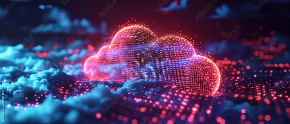 Fototapeta premium Futuristic Holographic Cloud Computing Network with Luminous Data Paths in Visualization