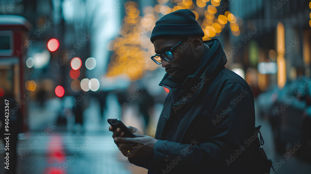 A man in a beanie and glasses checks his smartphone while standing on a busy city street at dusk, with blurred lights and people in the background. Perfect for urban lifestyle, technology, and street A man in a beanie and glasses checks his smartphone while standing on a busy city street at dusk, with blurred lights and people in the background. Perfect for urban lifestyle, technology, and street