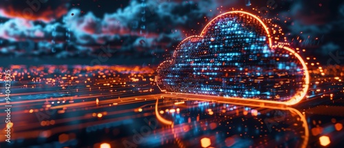 Futuristic Cloud Computing Network in Holographic - Illuminated Data Points Conceptual Visualization of Modern Technology