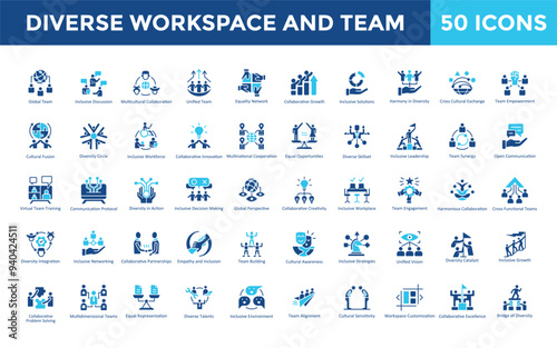 Diverse workspace and team icon set with global team, inclusive discussion, multicultural collaboration, unified team, equality network, collaborative growth icon. Simple flat vector 
