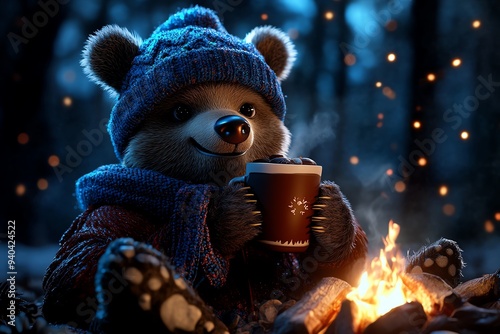 A whimsical cartoon of a bear wearing a hat and scarf, sipping hot chocolate by a campfire in the woods photo