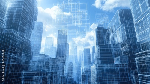 Futuristic cityscape with digital blueprints overlay