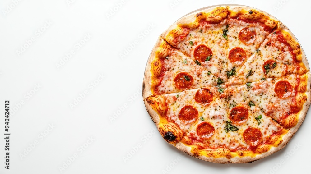 Top view of a classic Italian margherita pizza, with ample copy space on a clean white background. Top view of a classic Italian margherita pizza, with ample copy space on a clean white background.
