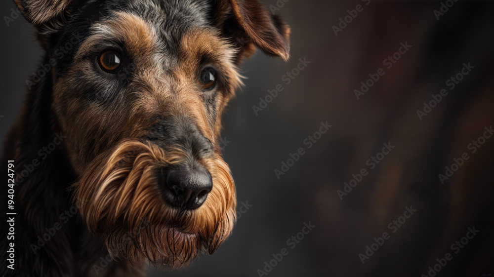 A studio portrait of an Airedale Terrier. A pedigree dog. Copy space. A studio portrait of an Airedale Terrier. A pedigree dog. Copy space.