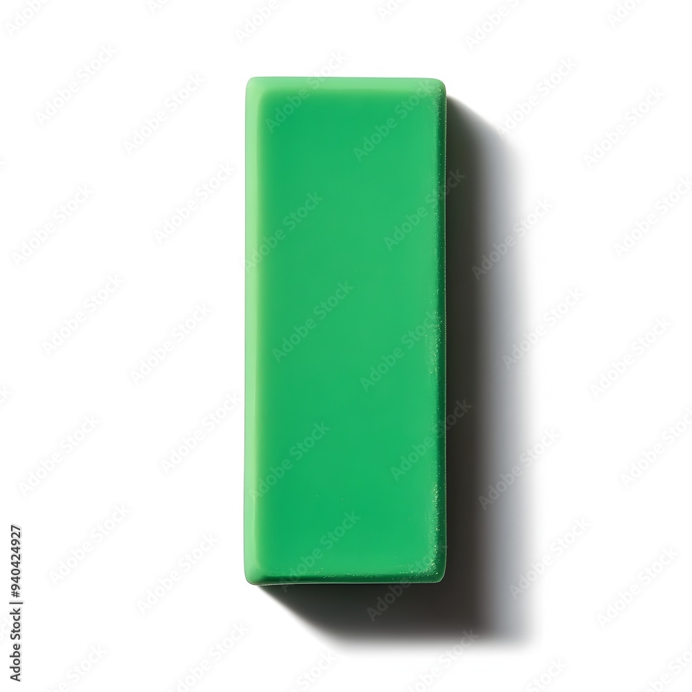 Closeup of a green eraser placed at the center of a plain white background creating a clean and minimalist composition for use in various design office or school related projects Closeup of a green eraser placed at the center of a plain white background creating a clean and minimalist composition for use in various design office or school related projects