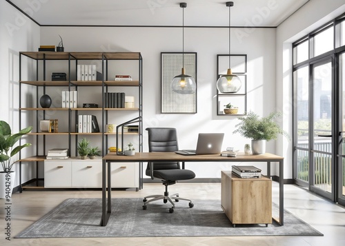 Exposed brick walls meet sleek wooden desks, while industrial metal lamp shades and boldsplashes of color create a dynamic contrast in this modern office decor. photo