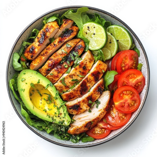 Grilled chicken meat and fresh vegetable salad of tomato, avocado, lettuce and spinach. Healthy and detox food concept. Ketogenic diet. Buddha bowl dish on white background,
