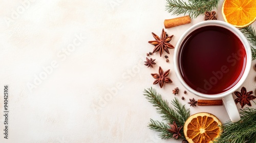 Top view of a German cup of hwein with spices, with ample copy space on a clean background. photo