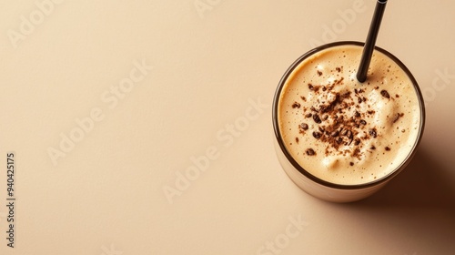 Top view of a Greek frappa coffee with a straw, arranged with room for text on a clean background. photo