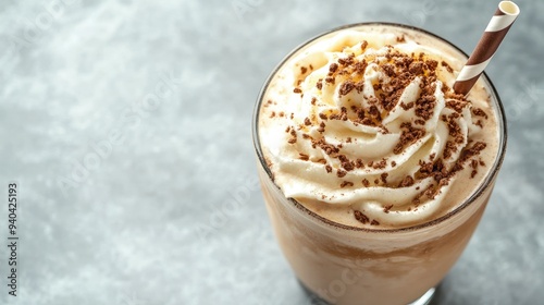 Top view of a Greek frappa coffee with a straw, arranged with room for text on a clean background. photo