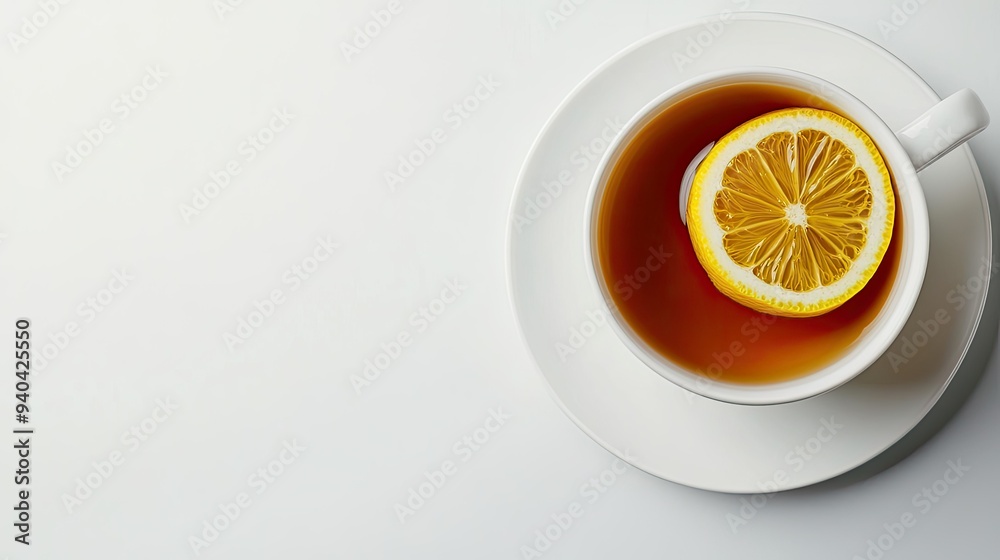 Top view of a Swiss cup of hot tea with lemon, with ample copy space on a clean background. Top view of a Swiss cup of hot tea with lemon, with ample copy space on a clean background.
