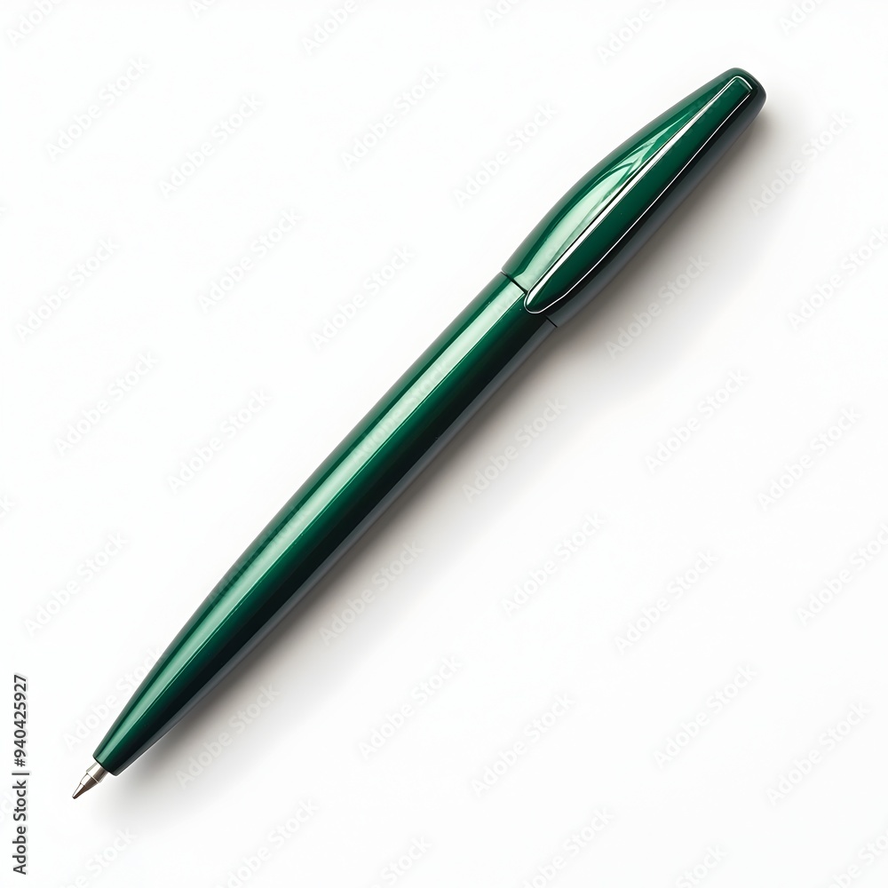 Minimalist green pen lying flat at the center of a plain white background in an isolated stylish flat lay composition  Ideal for stationery office work education and creative design concepts