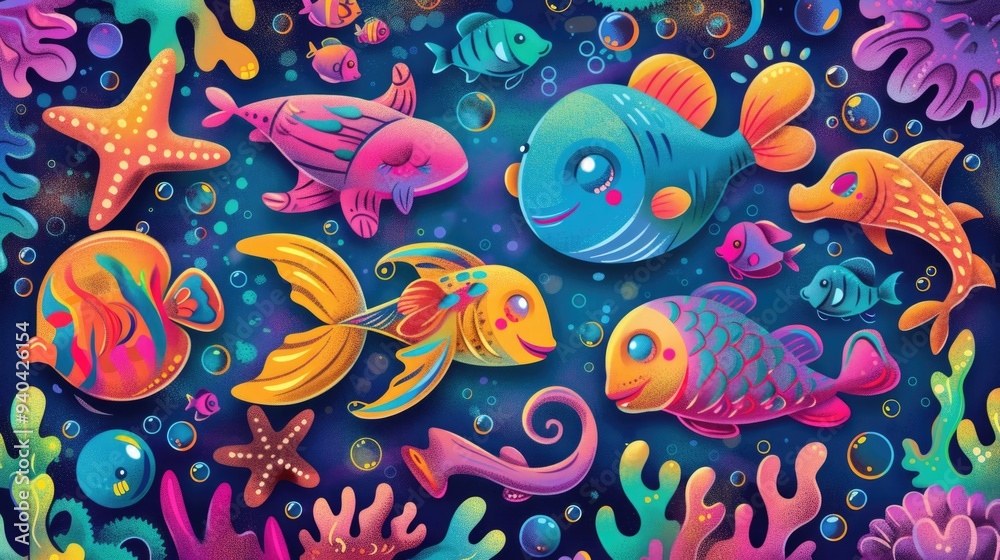 Vibrant group of colorful cartoon sea creatures swimming. Vibrant group of colorful cartoon sea creatures swimming.