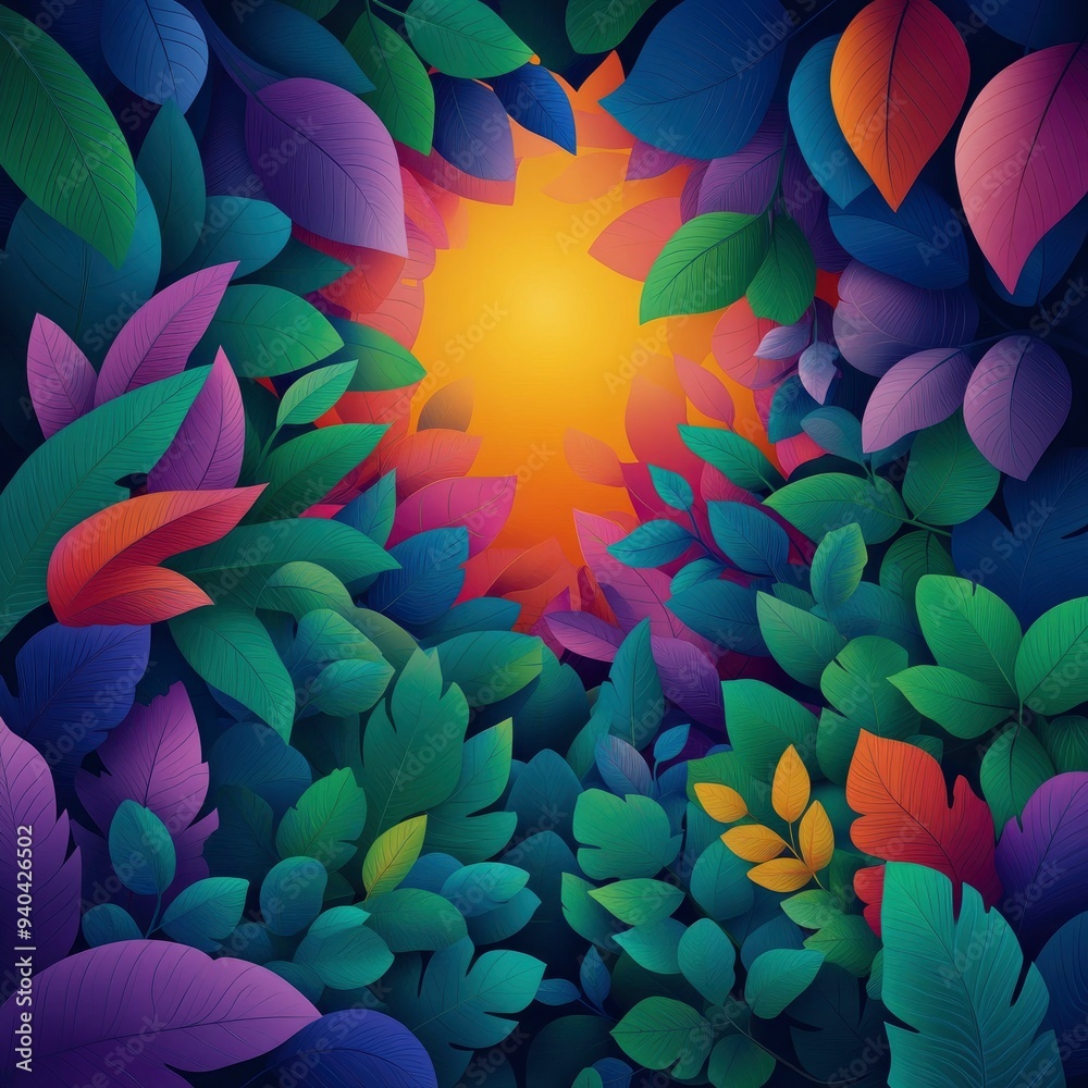 Colorful Leaves with Sunburst in the Background Colorful Leaves with Sunburst in the Background