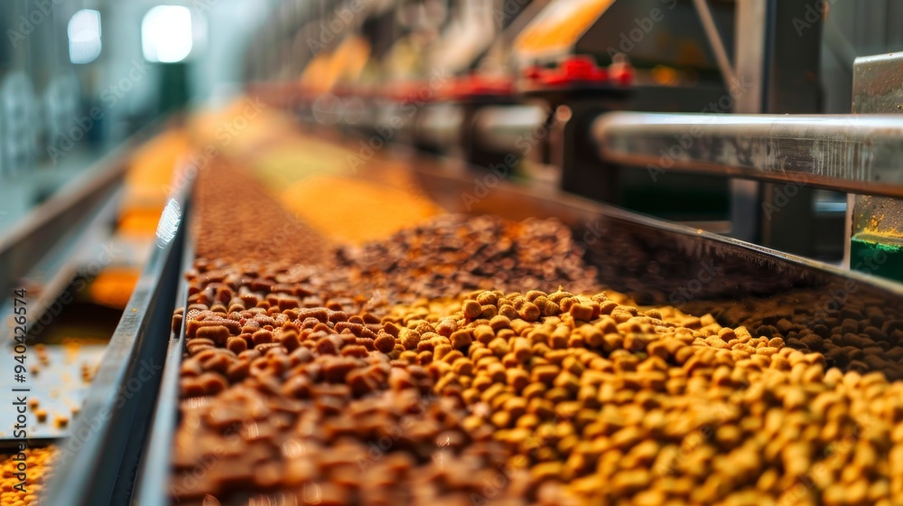 Pet food industry: manufacturing dog and cat feed dry pellets. Pet food industry: manufacturing dog and cat feed dry pellets.