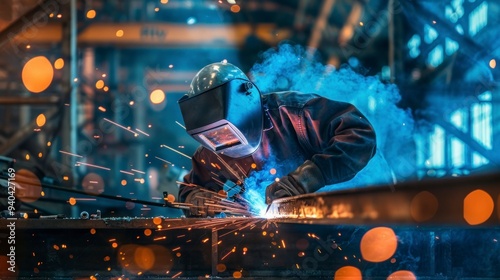 Professional welder welding and grinding in workshop.