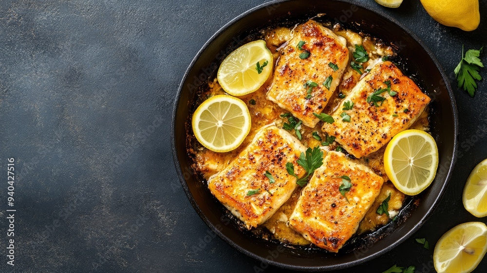 Top view of Greek saganaki with lemon wedges, arranged with room for copy on a plain backdrop.