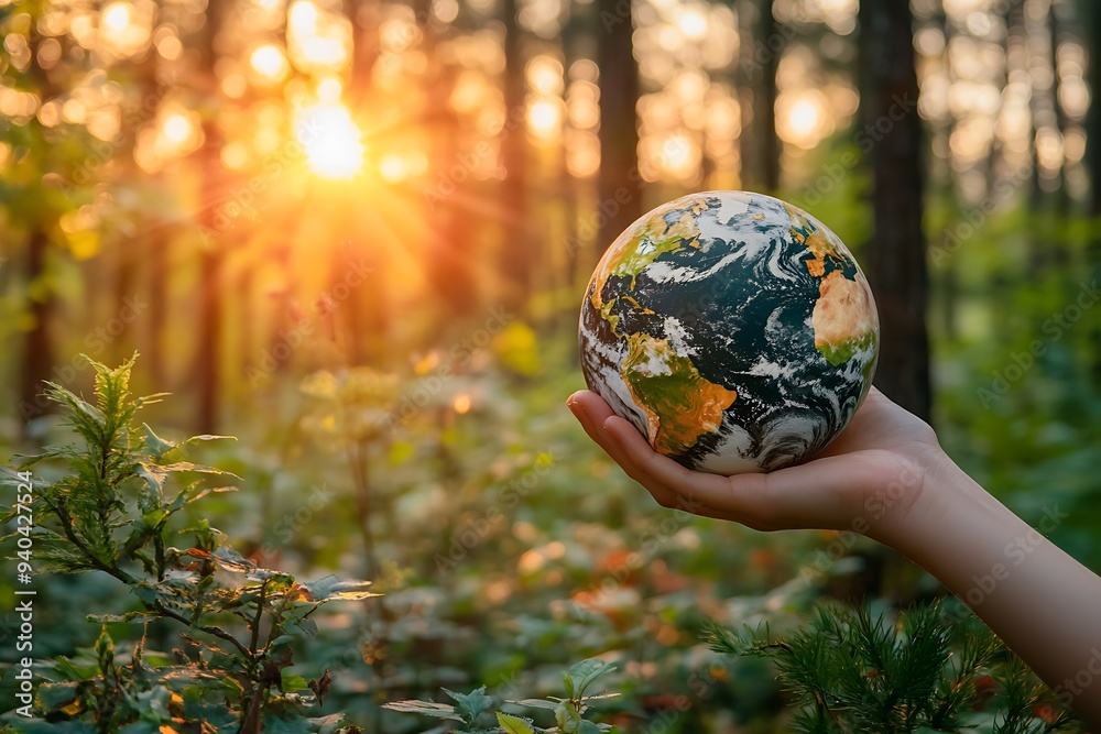 Holding Our Planet: Earth in Hand Against Sunlit Forest Holding Our Planet: Earth in Hand Against Sunlit Forest