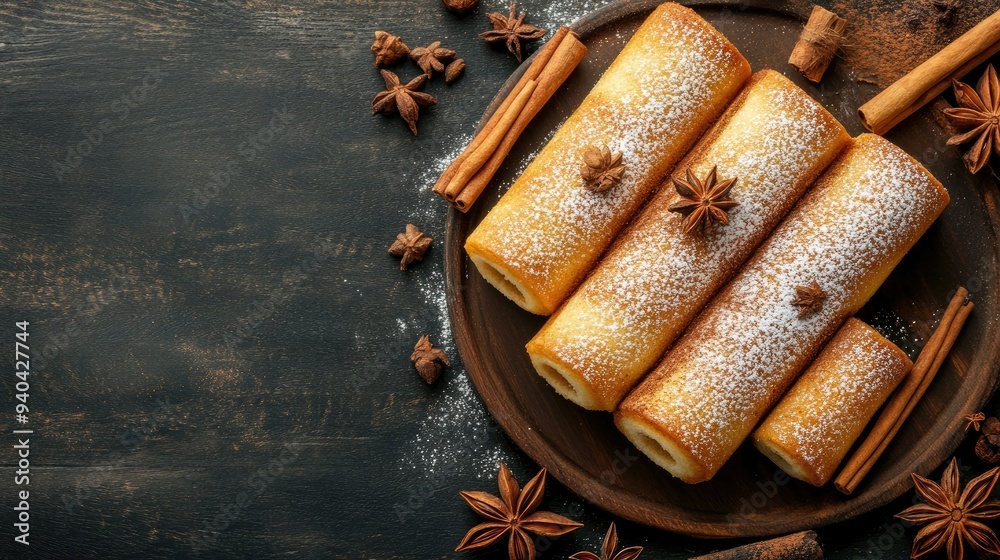 Top view of Hungarian chimney cake with cinnamon, arranged with plenty of room for text. Top view of Hungarian chimney cake with cinnamon, arranged with plenty of room for text.