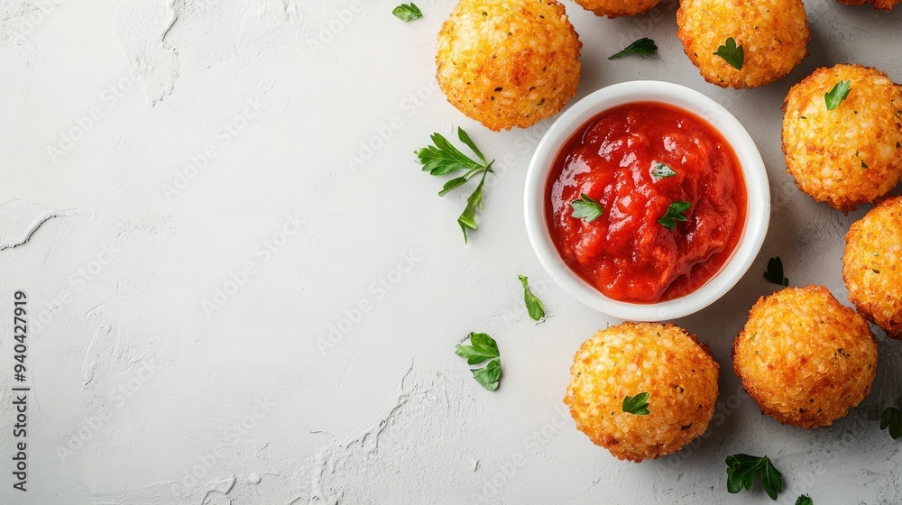 Top view of Italian arancini with marinara sauce, arranged with room for text on a clean background. Top view of Italian arancini with marinara sauce, arranged with room for text on a clean background.