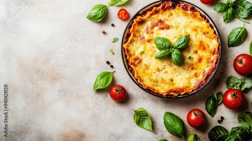 Top view of Italian lasagna with basil, with ample copy space on a plain backdrop.