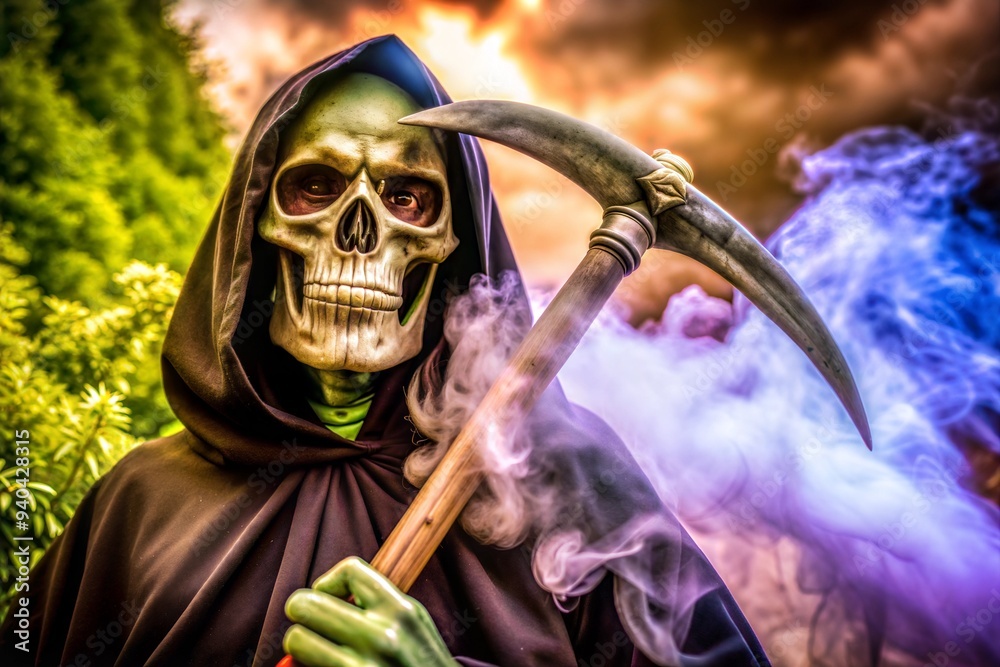 Grim Reaper with Scythe Amidst Mystical Smoke under Dramatic Sky Grim Reaper with Scythe Amidst Mystical Smoke under Dramatic Sky