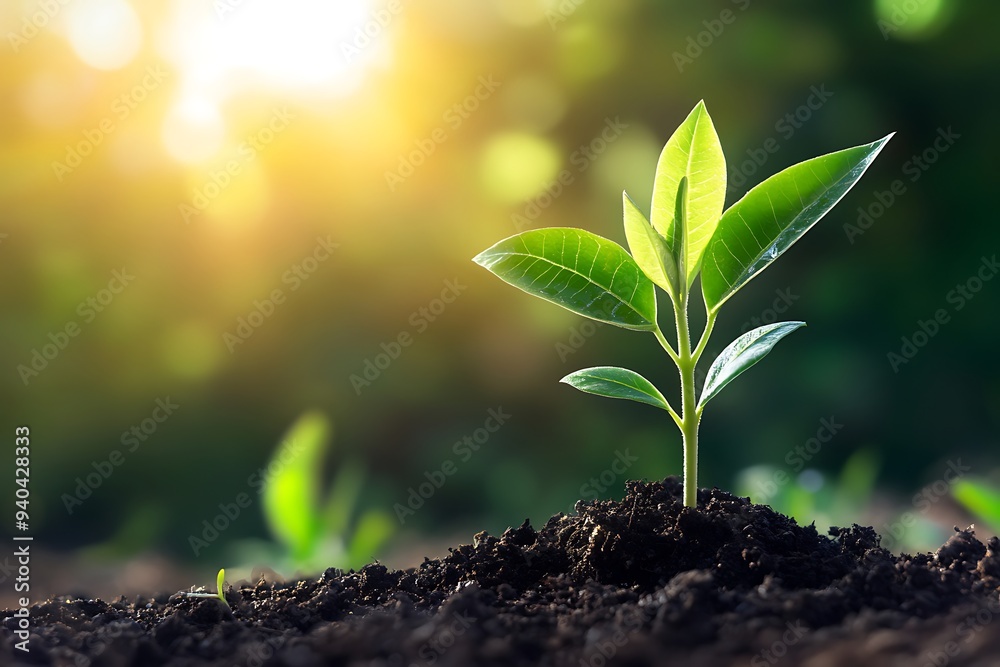 New Life: Young Plant Sprouting in Soil with Sun New Life: Young Plant Sprouting in Soil with Sun