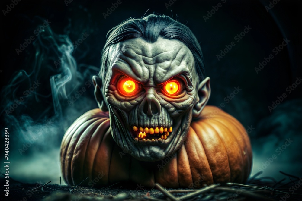 Eerie Pumpkin with Glowing Eyes for Halloween Horror Theme Eerie Pumpkin with Glowing Eyes for Halloween Horror Theme