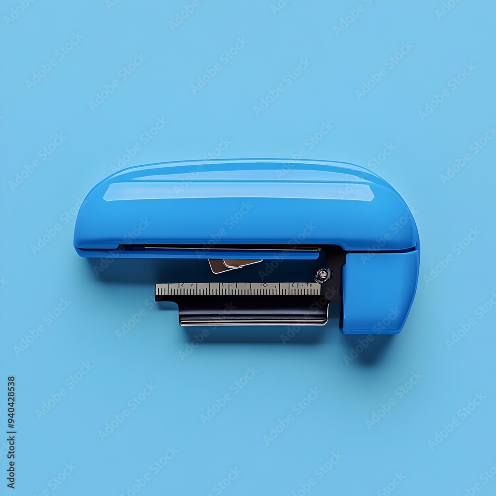 Minimalist Studio Shot of a Blue Stapler Lying Flat at the Center of a Plain Background Showcasing the Simplistic and Functional Nature of This Essential Office Supply Minimalist Studio Shot of a Blue Stapler Lying Flat at the Center of a Plain Background Showcasing the Simplistic and Functional Nature of This Essential Office Supply